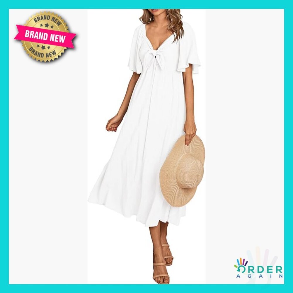 V-Neck Midi Dress with Bow Tie Front Ruffle Boho Chic Summer Casual